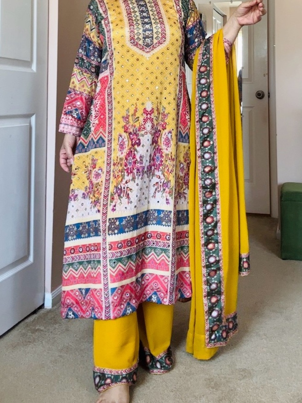 Yellow Floral Patchwork Long Women's Salwar kurtha with Matching Dupatta